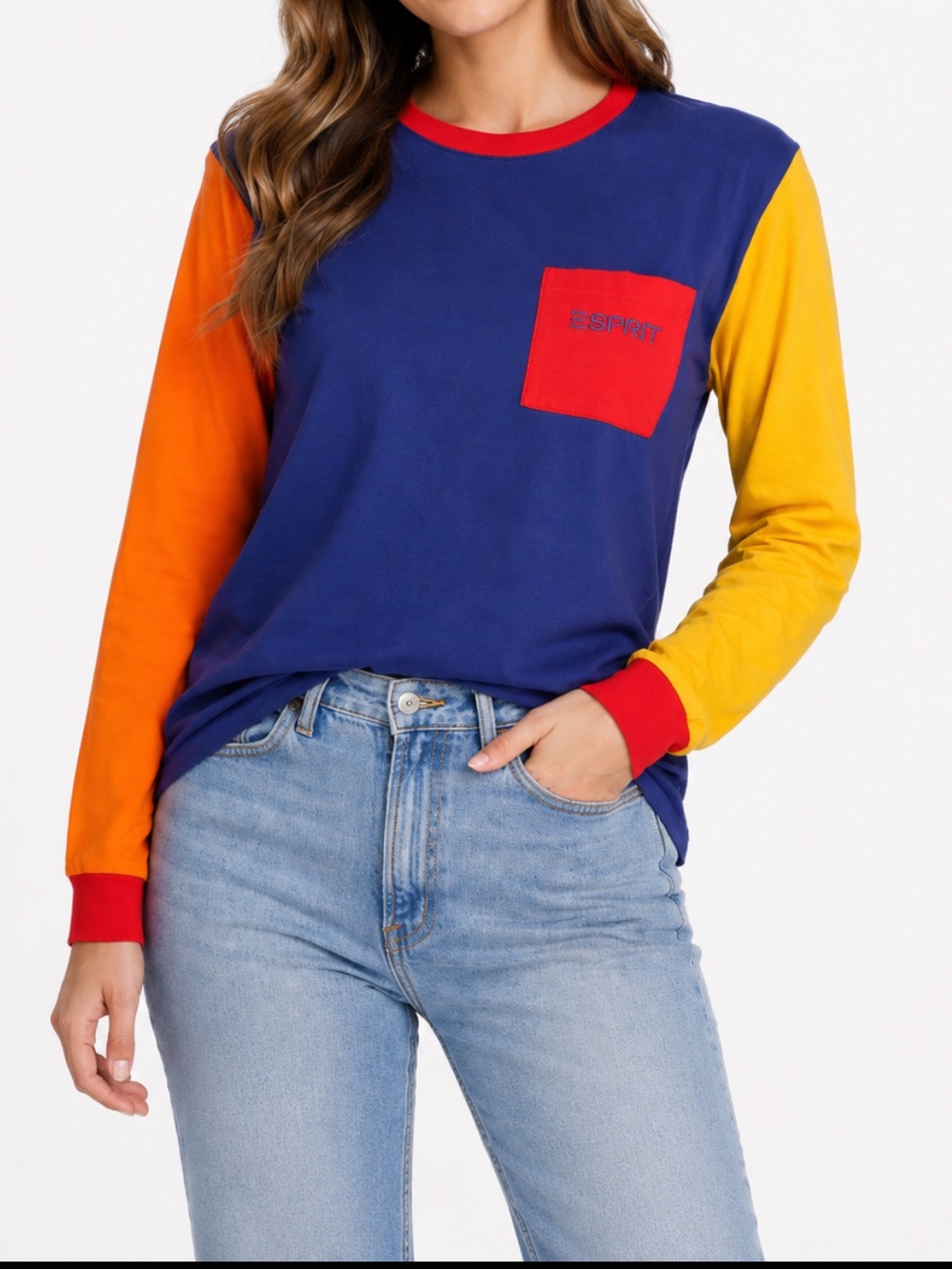 Vintage 90s ESPRIT DE CORPS Long Sleeve Color Block Pocket Tee - Size Large